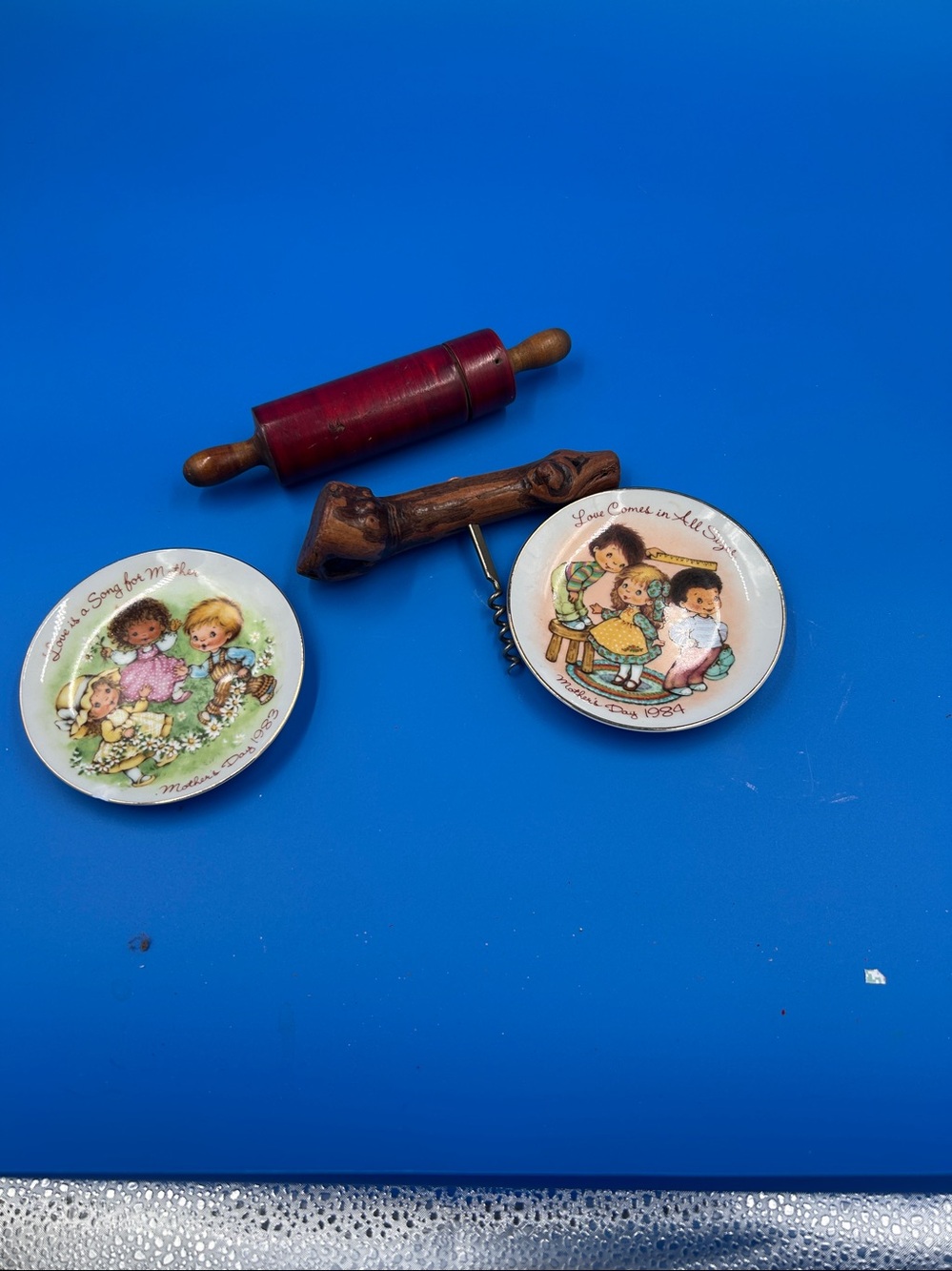 Sm Wooden Rolling Pin, Handmade  Cork Screw , 2 1983 & 1984 Mother’s day Plates